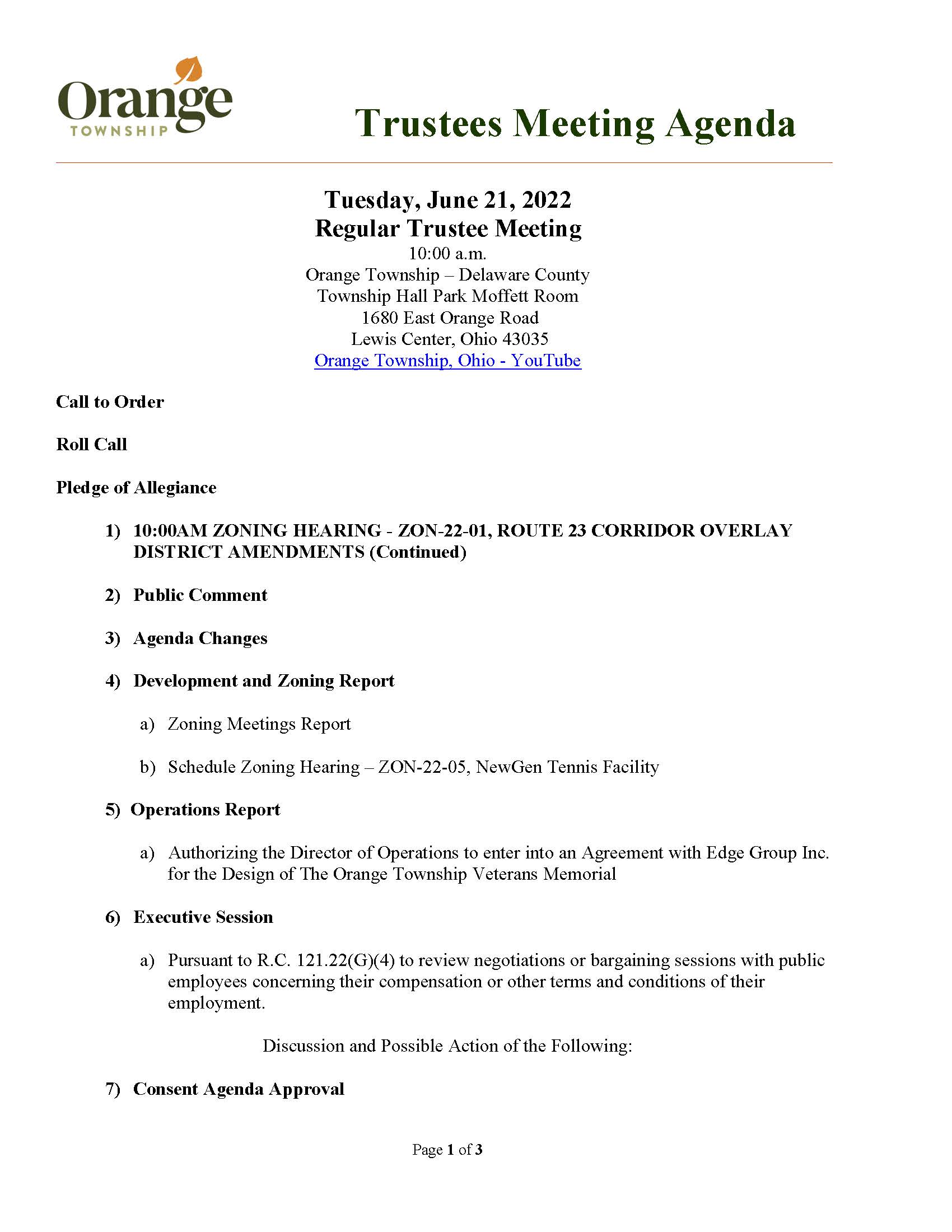 2022.06.21 Regular Trustees Meeting Orange Township, OH Official