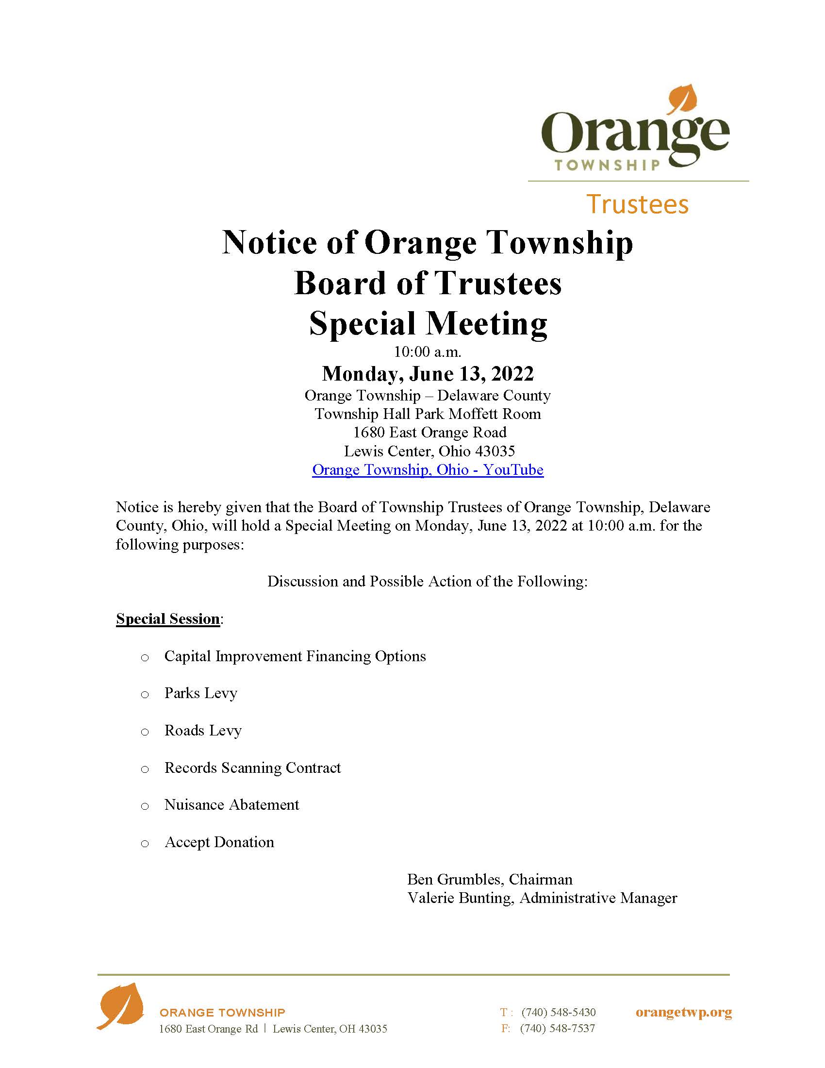 2022.06.13 Trustee Special Meeting Orange Township, OH Official site